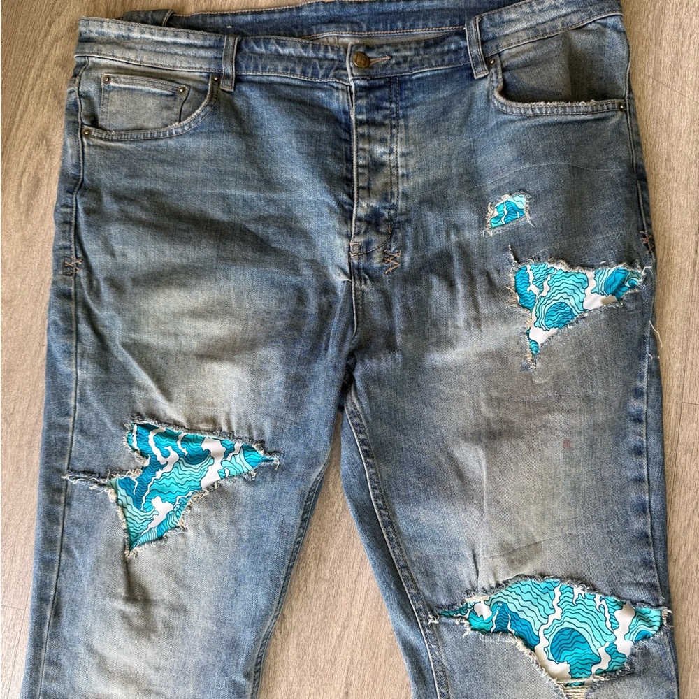 Ksubi Blue Ripped Men's Jeans with Teal Accents